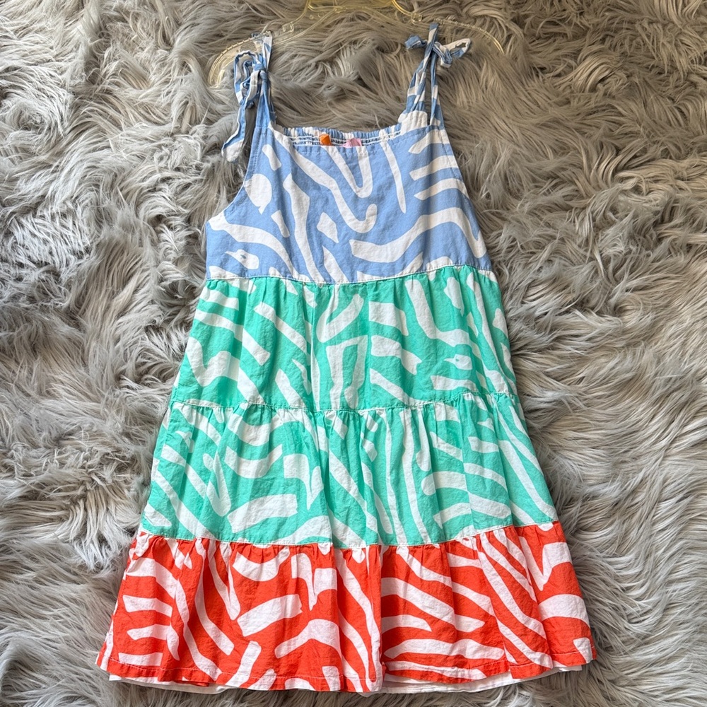 Girls Tiered Zebra-Print Sundress in Light Blue, Mint & Coral